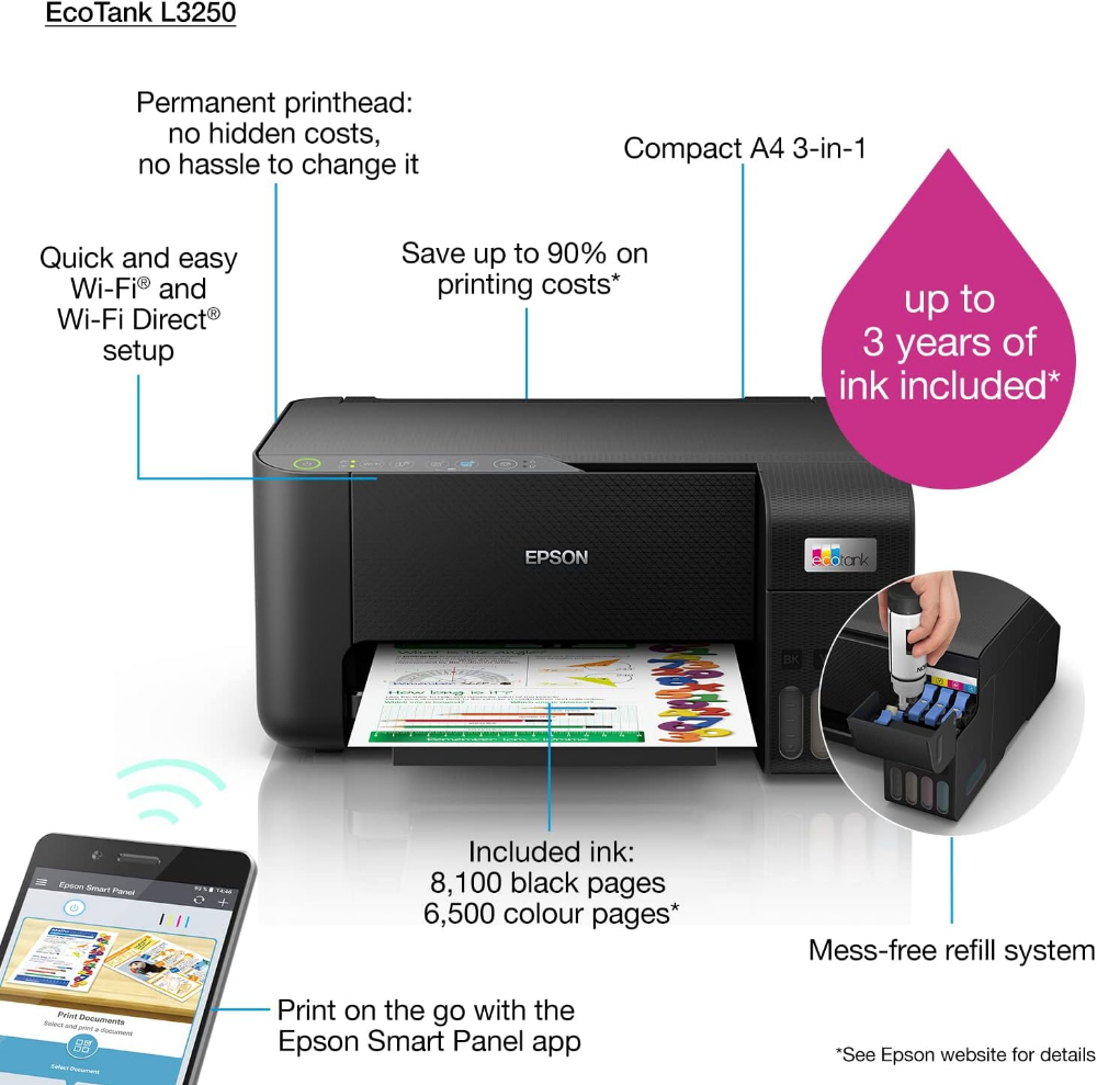 Epson Ecotank L3250 A4 Wi-Fi All-in-One Ink Tank Wireless Colour Home Inkjet Printers Ink, Black