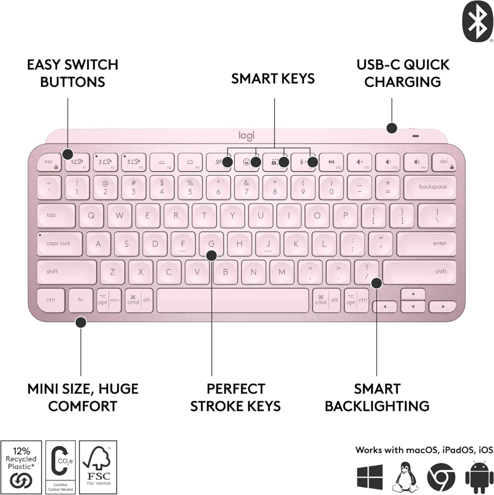 Logitech MX Keys Mini Minimalist Wireless Illuminated Keyboard,pink