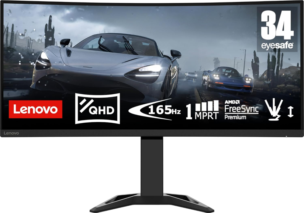 Lenovo G34w-30 Curved Wide Gaming Monitor - 34-inch, QHD, 165Hz, Anti-Glare Screen, Modular Camera Support, Eyesafe Display, AMD Freesync Premium, Raven Black