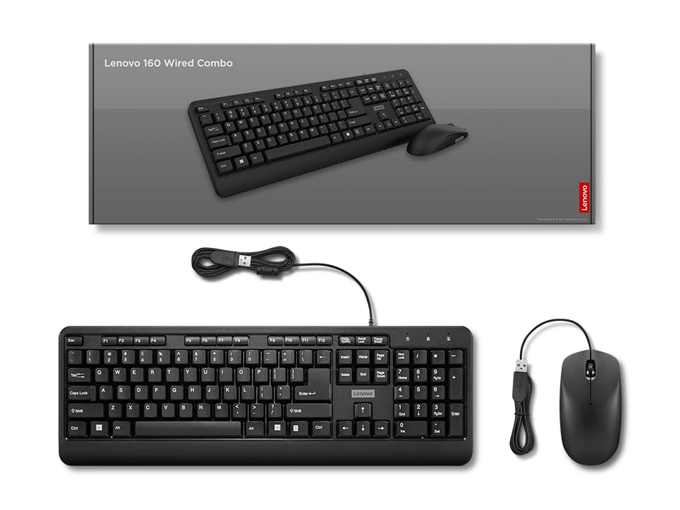 Lenovo 160 Keyboard & Mouse Wired Combo | Waterproof Exoskeleton | Splash Proof Keys | 1600 DPI Full Size Mouse | Non-Slip Scroll Wheel | Adjustable Keyboard Stand | 3 Yr Warranty