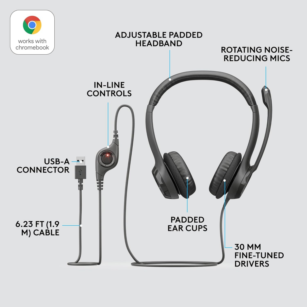 Logitech H390 Wired Headset for PC/Laptop, Stereo Headphones with Noise Cancelling Microphone, USB-A, in-Line Controls for Video Meetings, Music, Gaming and Beyond