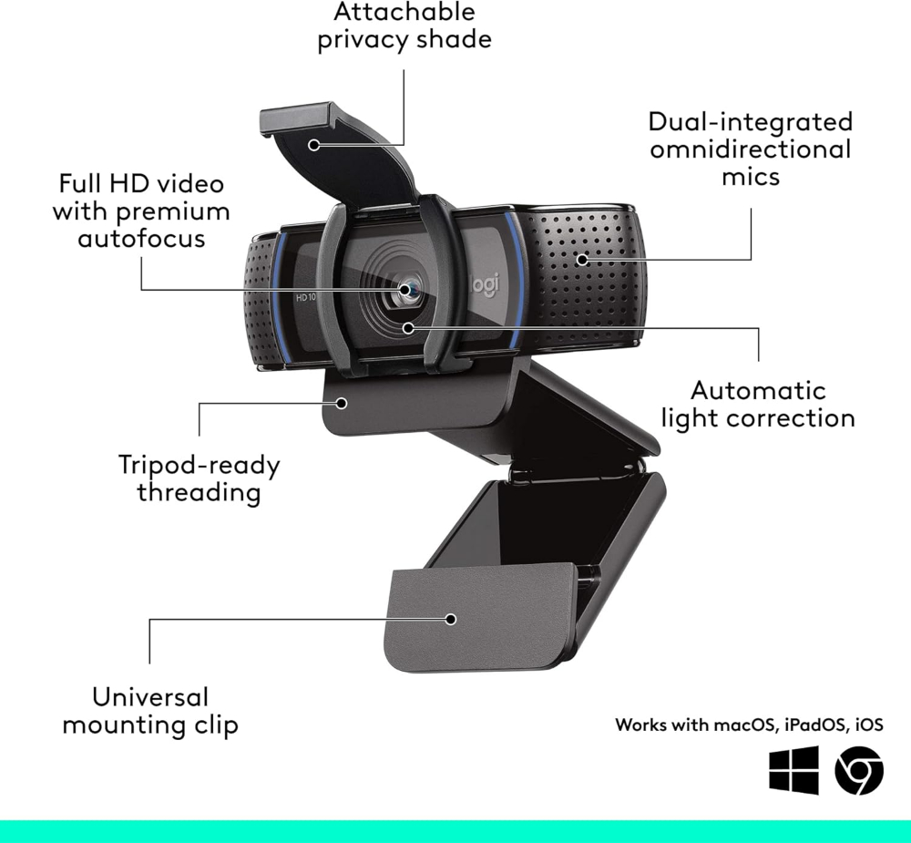 Logitech C920e HD 1080p Mic-Enabled Webcam, certified for Zoom, Microsoft Teams compatible, TAA Compliant