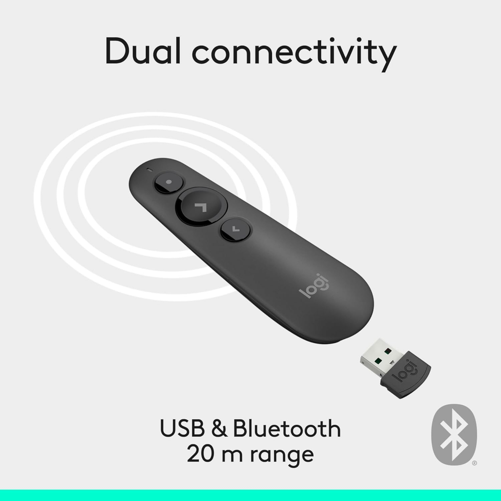 Logitech R500s Laser Presentation Remote Clicker with Dual Connectivity Bluetooth or USB for Powerpoint, Keynote, Google Slides, Wireless Presenter