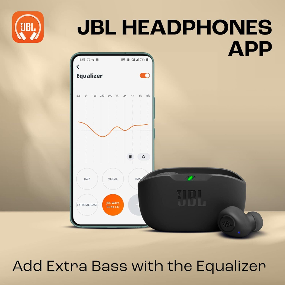 JBL Wave Buds In-Ear Wireless Earbuds with IP54 and IPX2 Waterproofing, Powerful Bass and 32-Hour Battery Life, Black