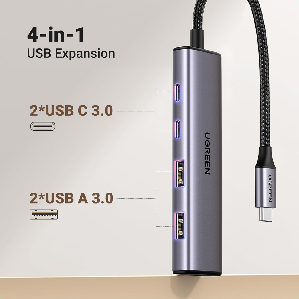 UGREEN USB C Hub, 4 Port USB C Splitter 5Gbps with 2 USB C and 2 USB A Data Port, Aluminium Type C to Multiple USB Adapter