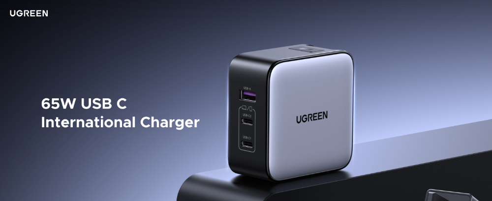 UGREEN 65W USB C Travel Adapter, Foladable Fast GaN Charger with US/UK/EU 3 Plugs, 3-Port International Power Adapter