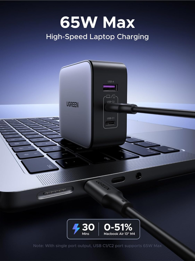 UGREEN 65W USB C Travel Adapter, Foladable Fast GaN Charger with US/UK/EU 3 Plugs, 3-Port International Power Adapter