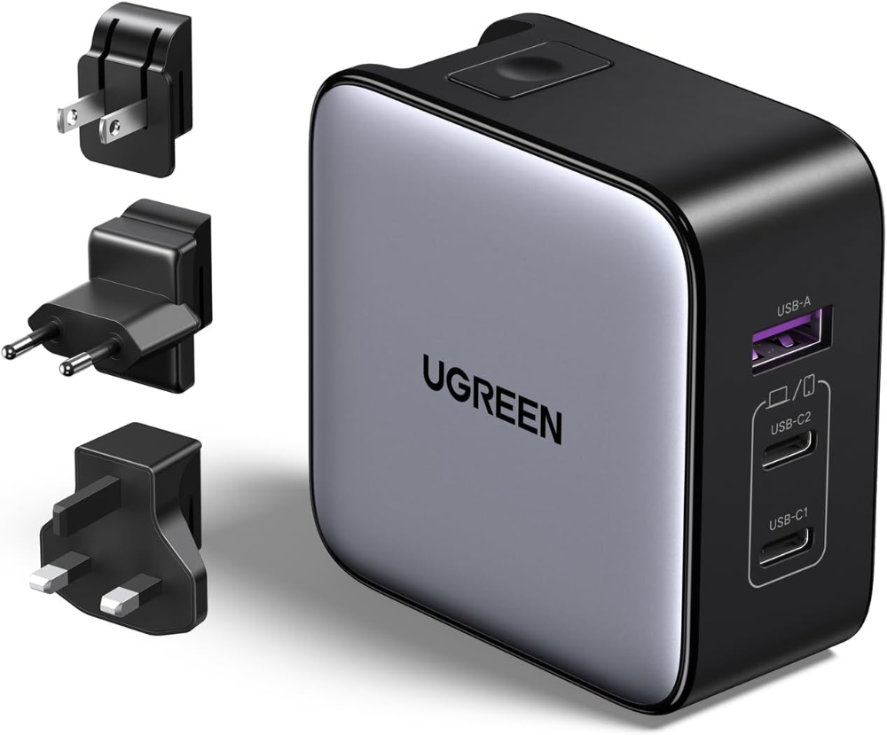 UGREEN 65W USB C Travel Adapter, Foladable Fast GaN Charger with US/UK/EU 3 Plugs, 3-Port International Power Adapter
