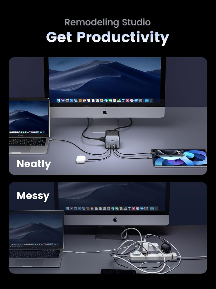 UGREEN 65W Power Strip DigiNest Cube GaN Extension Lead with USB C Slots, 7-in-1 Charging Station with 3 AC Outlets, 2 USB C, 2 USB A, 1.8M Extender Cord