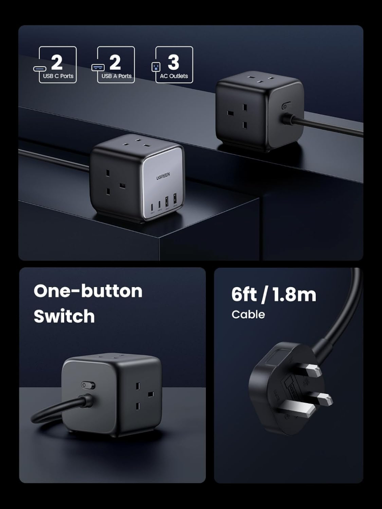 UGREEN 65W Power Strip DigiNest Cube GaN Extension Lead with USB C Slots, 7-in-1 Charging Station with 3 AC Outlets, 2 USB C, 2 USB A, 1.8M Extender Cord