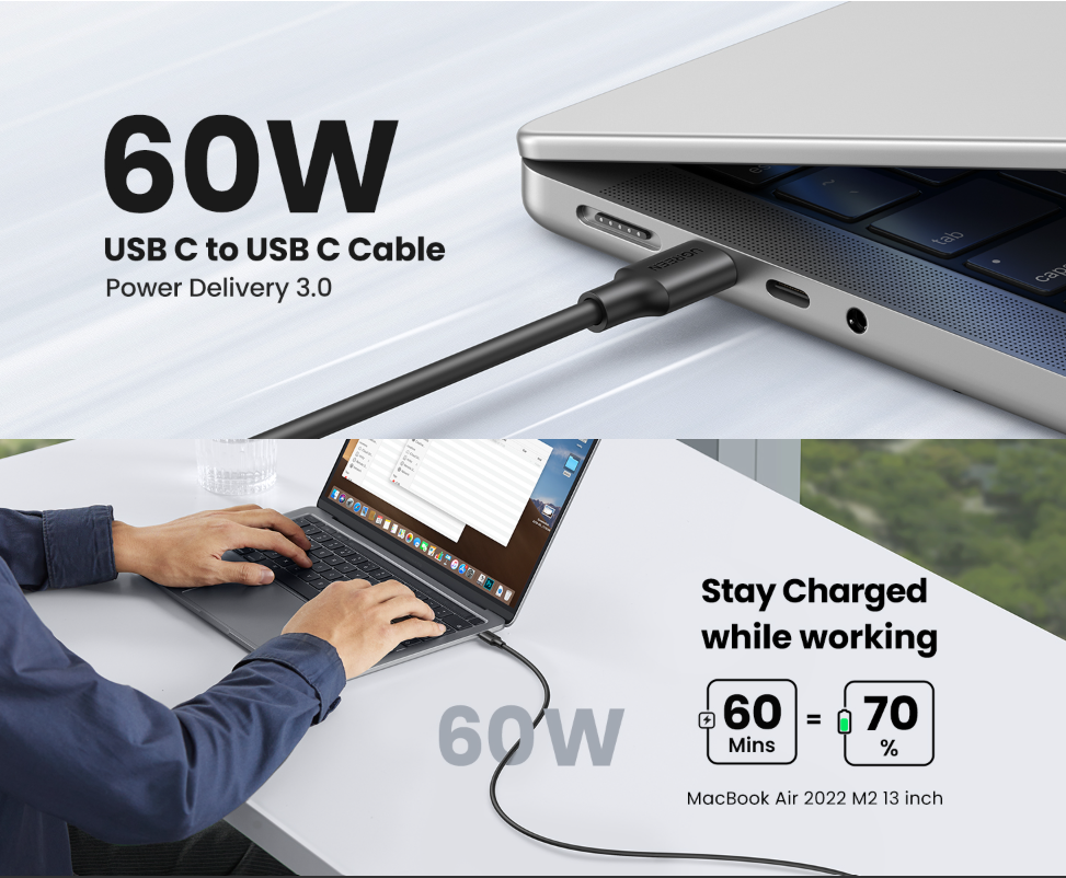 Ugreen USB C to USB C 3A Fast Charging and Data Cable 2 Metres Black