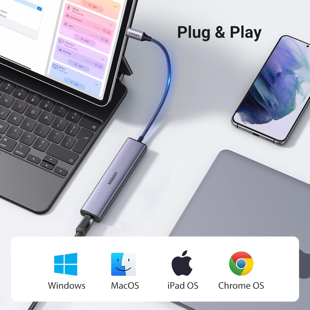 UGREEN USB C to Ethernet Adapter, 4 in 1 USB C Hub Ethernet with 3 USB 3.0 Ports/Gigabit Rj45