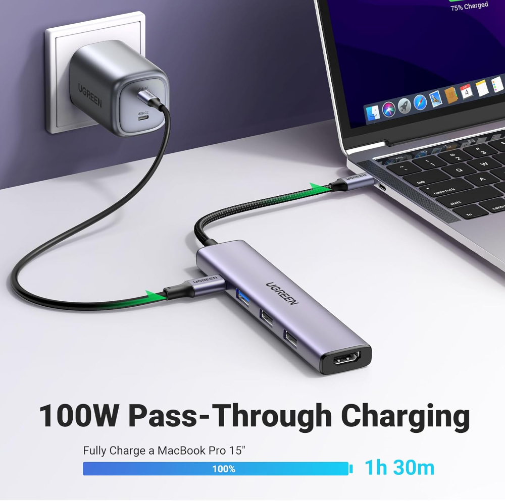 UGREEN USB C Hub, 5-in-1 USB Hub for Laptops, 4K HDMI to USB-C Adapter, 100W PD, 3 USB-A Data Ports