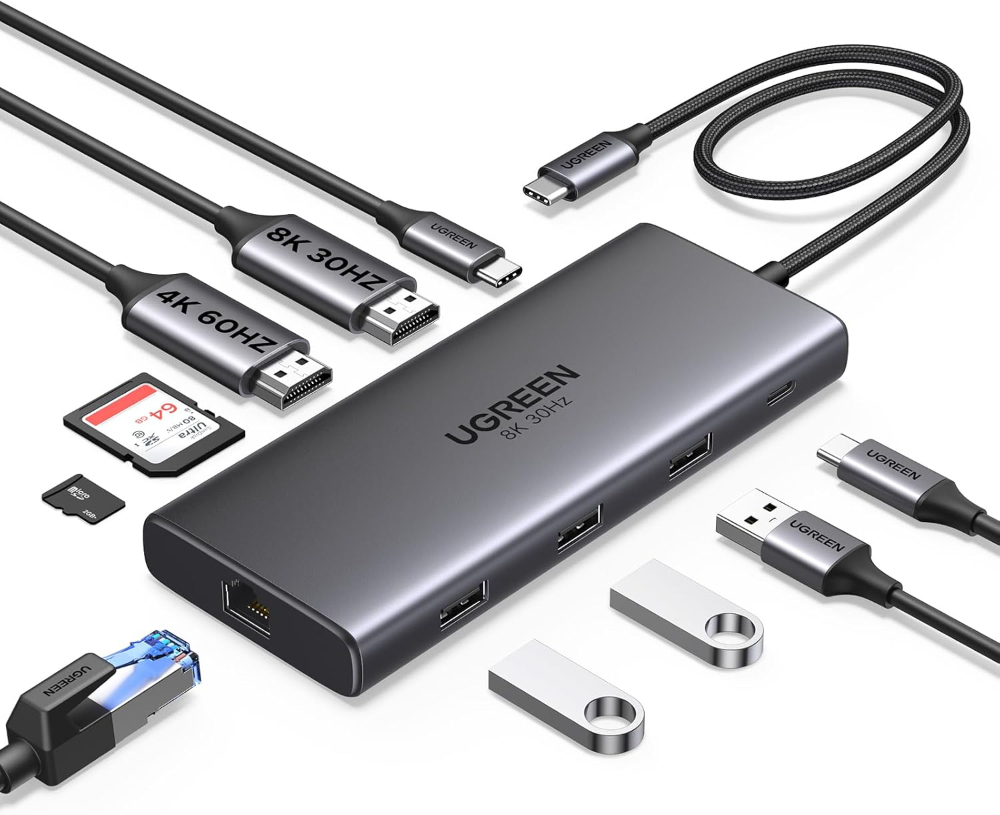UGREEN Docking Station 10 in 1  USB C Dock Dual HDMI 4K@60Hz Single 8K@30Hz 100W PD 5Gbps USB C and USB A Data Ports Gigabit Ethernet, SD/TF Card Reader USB Hub