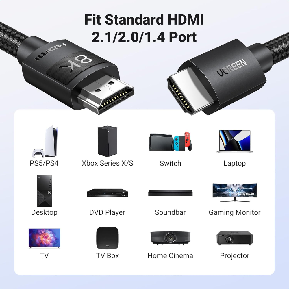 UGREEN HDMI 2.1 Cable Certified 8K 3M Ultra High Speed HDMI Cord Braided 48Gbps 4K@240Hz 10K@60Hz with Dynamic HDR eARC Dolby Atmos HDCP
