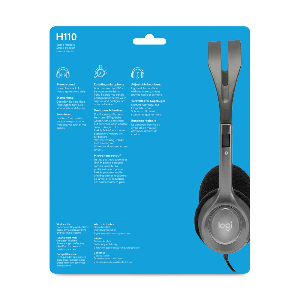 Logitech H110 Stereo Wired On Ear Headphones With Mic With Noise-Cancelling 3.5-Mm Dual Audio Jack For Pc/Mac/Laptop (Black)