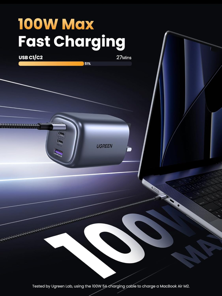UGREEN USB C Charger 100W Fast Charger Plug Nexode 4-Port GaN Laptop Charger Compatible with MacBook Pro M3/Air, ThinkPad, Pixelbook, iPad Pro, iPhone 17 Pro/Air/17/16/15, Galaxy S24, etc