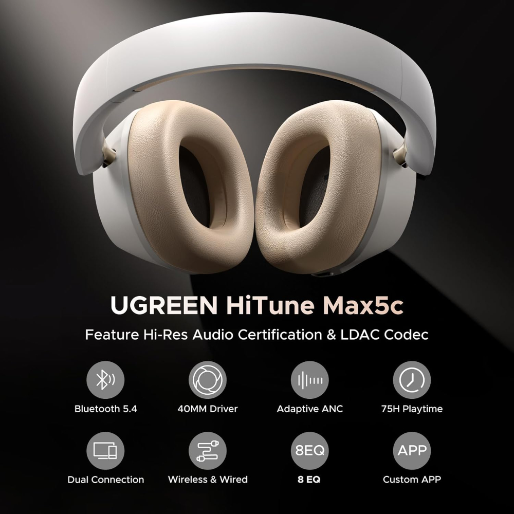 UGREEN HiTune Max5C Headphones Wireless 75H Playtime, Adaptive Noise Cancelling, Hi-Res Sound Bluetooth 5.4 Over-ear Headsets, Custom EQ & Multiple Function via App, On-ear Earphones