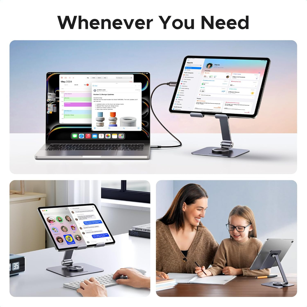UGREEN Rotary Desk Cell Phone Stand with Height Adjustment – 360° Rotating Aluminum Smartphone Holder, Adjustable & Foldable for Desk & Office