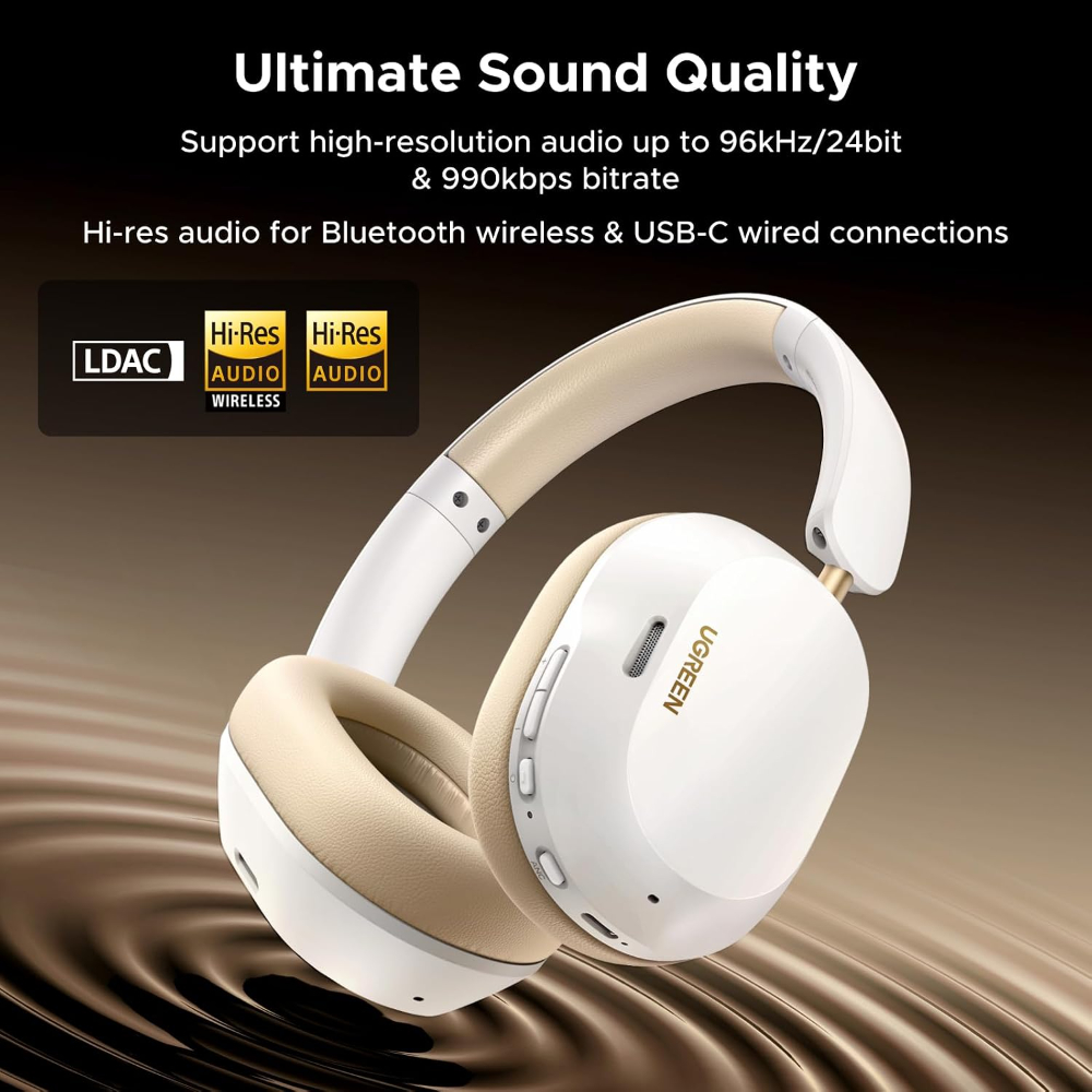 UGREEN Max5c Hybrid Active Noise Cancelling Bluetooth Headphones (White) Foldable Over Ear Wireless Headphones Support Hi-Res LDAC & Spatial Audio, Deep Bass, Custom EQ via App, 75H Playtime