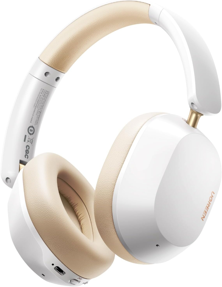 UGREEN Max5c Hybrid Active Noise Cancelling Bluetooth Headphones (White) Foldable Over Ear Wireless Headphones Support Hi-Res LDAC & Spatial Audio, Deep Bass, Custom EQ via App, 75H Playtime