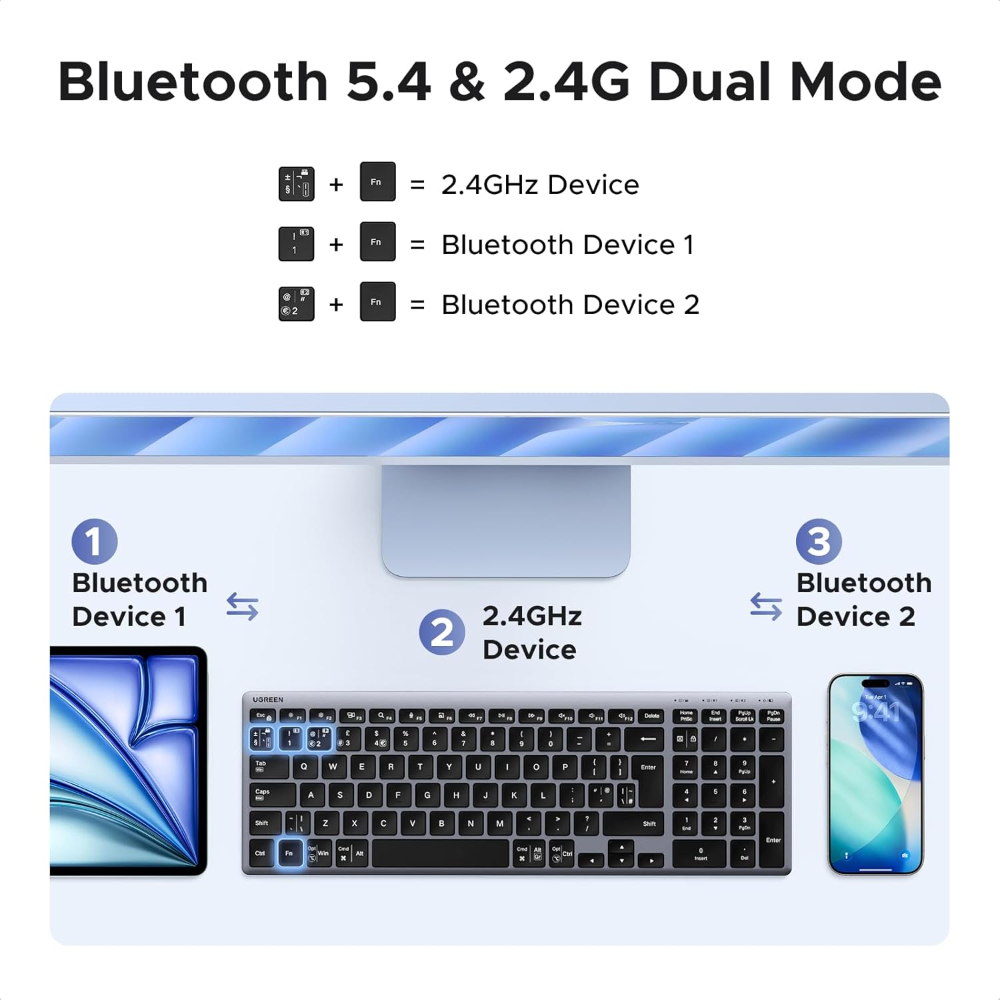 UGREEN Wireless Bluetooth Keyboard Slim Rechargeable Multi-Device with BT and 2.4G | Works with PC,Mac,Tablet and Phone,Switch Between 3 Devices,for Home and Office