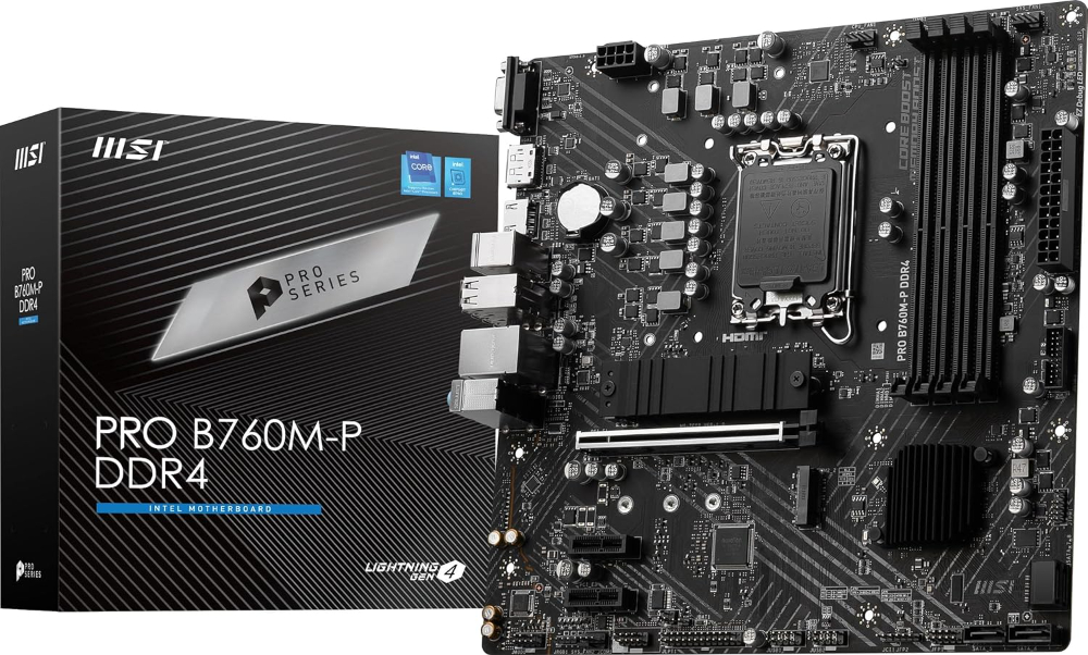 MSI PRO B760M-E DDR4 Motherboard – Intel B760 Micro-ATX LGA 1700, DDR4 4800MHz, Dual M.2 Gen4, PCIe, for 12th 13th 14th Gen Intel