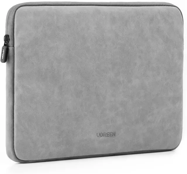 UGREEN 13.3 Inch Laptop Case PU Suede Leather Soft Padded Zipper Cover Sleeve Case Compatible with MacBook Air/ Pro  Water Resistant Bag Protective Briefcase, Gray