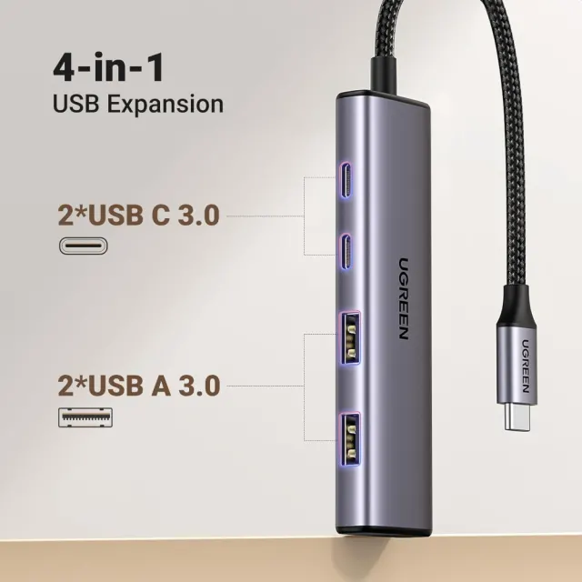 UGREEN USB C Hub, 4 Port USB C Splitter 5Gbps with 2 USB C and 2 USB A Data Port, Aluminium Type C to Multiple USB Adapter