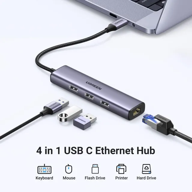 UGREEN USB C to Ethernet Adapter, 4 in 1 USB C Hub Ethernet with 3 USB 3.0 Ports/Gigabit Rj45