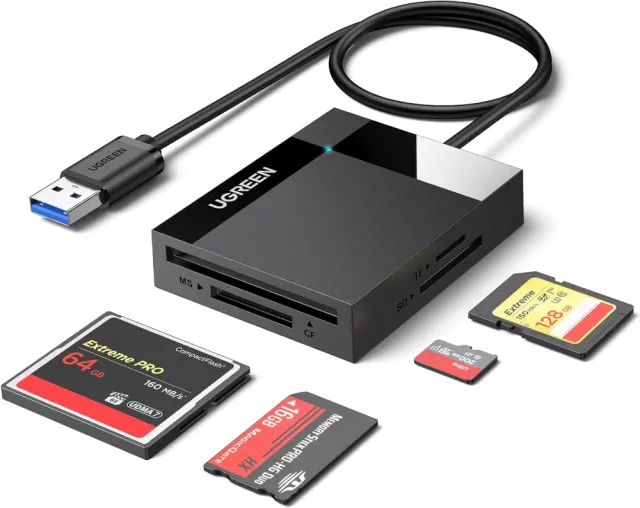 UGREEN USB Memory Card Reader 4 in 1 USB 3.0 SD TF CF MS Adapter 5Gbps Read Write Simultaneously for SD SDXC SDHC CF CFI TF Micro SD Micro SDXC Micro SDHC MS MMC UHS-I Cards