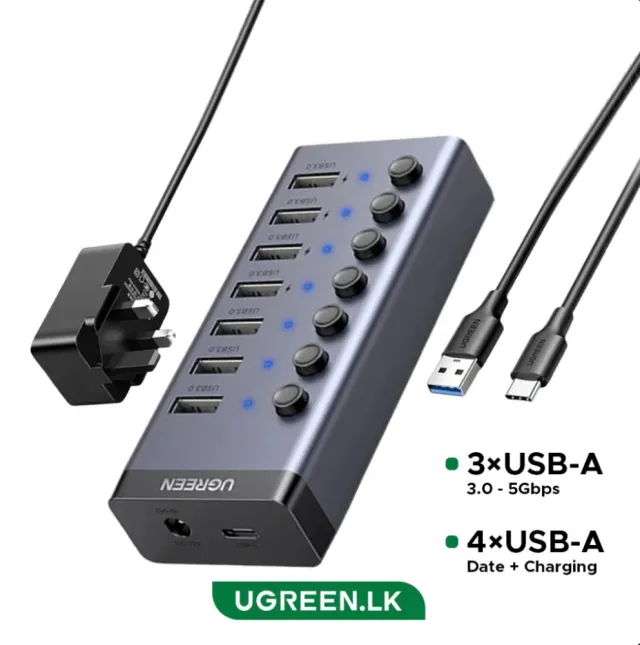 UGREEN Powered USB Hub 3.0, 7-Port USB Adapter with 4 Smart Charging Ports, USB Splitter with Individual Led On/Off Switches and Power Adapter, USB Ports Extender for Laptop PC