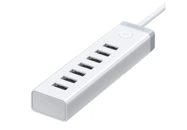 UGREEN  7-in-1 Powered USB 2.0 Hub Switch Adapter – 3 USB 2.0 Data Ports + 4 Smart Charging Ports, Individual On/Off Switches, LED Indicator, 12V/2A Aluminum Splitter