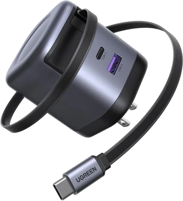 UGREEN GaN Fast Charger 65W with Built-In Retractable USB-C Cable 3-Port Power Adapter | Charges MacBook,Laptop,iPhone and Samsung On the Go,for Travel and Desk