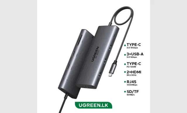 Ugreen 10-in-1 USB-C Multifunction Adapter, USB-C to USB3.0 (1 port) + USB2.0 (2 port) +USB-C 3.0 (1 port) + 4K HDMI (2 Port) + RJ45 Gigabit + SD & TF +PD port Converter